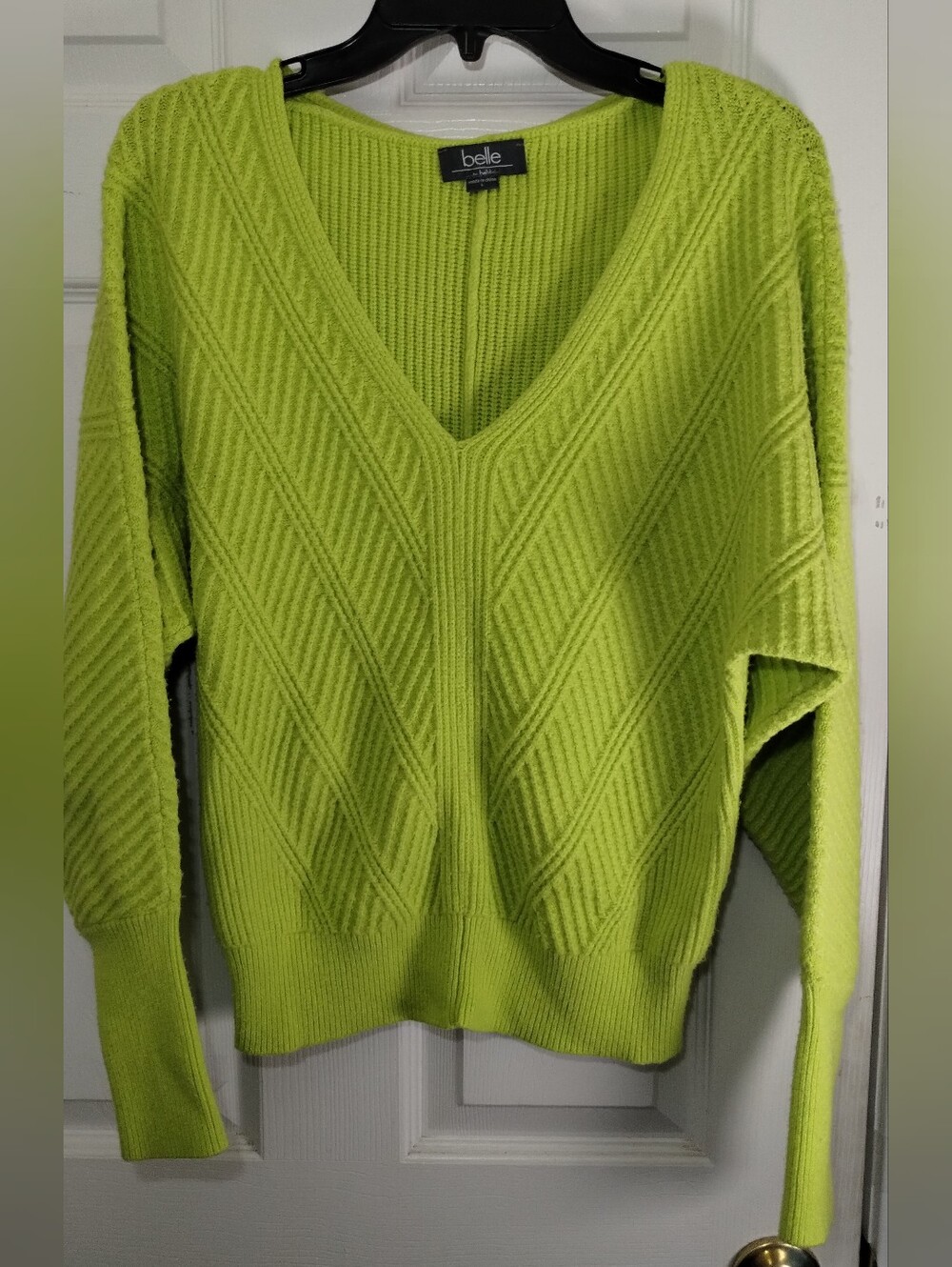 Belle Lime Green V-Neck Knit Sweater With Chervon Diagonal Stitch Pattern